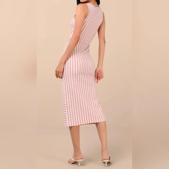 Lulus Constantly Trendy Blush Striped Crinkle Bodycon Midi Dress, Size Large - Picture 7 of 10